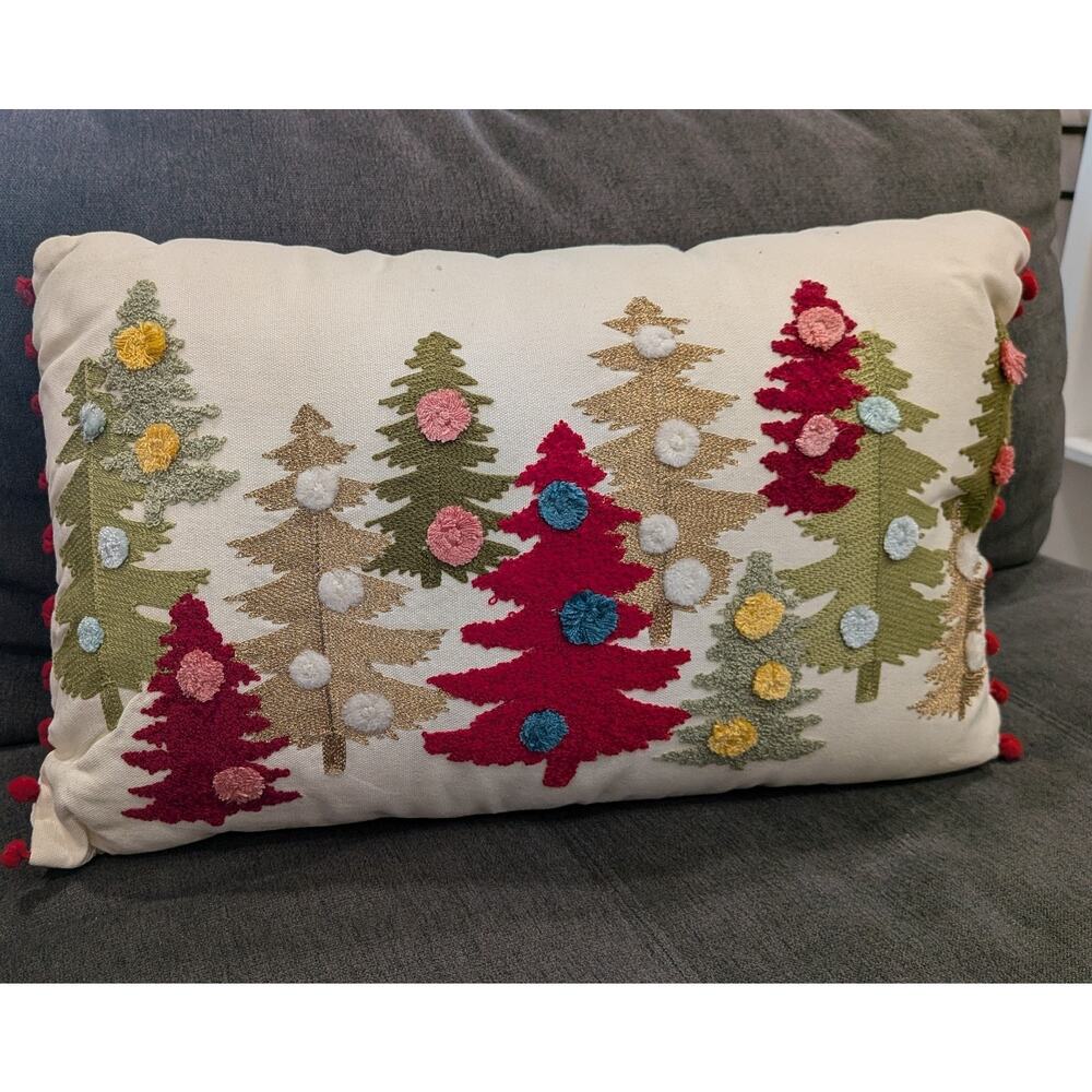 Pier 1 Pillow Christmas Lumbar Textured Trees & Pom Pom Trim Modern Country